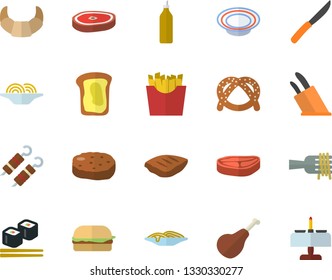 Color flat icon set knives flat vector, chop, ham, bagel, croissant, spaghetti on a fork, hamburger, dish, shashlik, cutlet, French fries, fish rolls, mustard, sandwich, romantic dinner fector