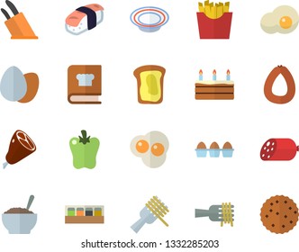 Color flat icon set knives flat vector, cookbook, spice, sausage, egg, spaghetti on a fork, cake, dish, porridge, ham, bell pepper, French fries, sashimi, scrambled eggs, sandwich, biscuit