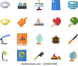 Color flat icon set knives flat vector, cutting board, plates, dish, book balance accounting, massage, reading lamp, office worker, meeting, globe, table tennis, romantic dinner fector