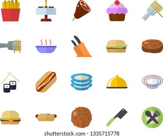 Color flat icon set knives flat vector, dish, plates, cake, spaghetti on a fork, hamburger, hot dog, soup, ham, cutlet, French fries, fish rolls, romantic dinner fector, table setting