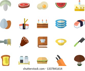 Color flat icon set knives flat vector, cookbook, spice, plates, egg, watermelon, spaghetti on a fork, hamburger, mushroom, cake, dish, ham, chop, sashimi, scrambled eggs, sandwich