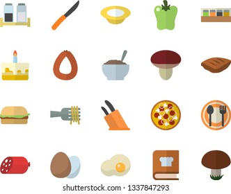 Color flat icon set knives flat vector, cookbook, spice, egg, table setting, sausage, spaghetti on a fork, hamburger, pizza, cake, dish, porridge, chop, bell pepper, scrambled eggs, mushroom