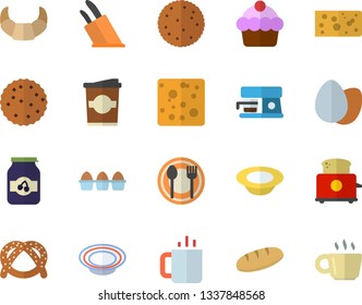 Color flat icon set knives flat vector, toaster, coffee machine, table setting, biscuit, bagel, croissant, cake, cheese, egg, bread, dish, coffe, tea, jam