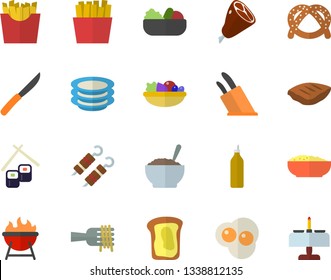 Color flat icon set knives flat vector, barbecue, plates, bagel, spaghetti on a fork, salad, porridge, ham, chop, shashlik, French fries, fish rolls, scrambled eggs, mustard, sandwich