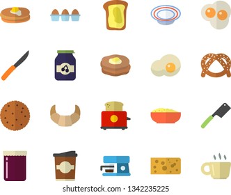 Color flat icon set knives flat vector, toaster, coffee machine, biscuit, pancakes, bagel, croissant, cheese, egg, dish, porridge, coffe, scrambled eggs, jam, sandwich