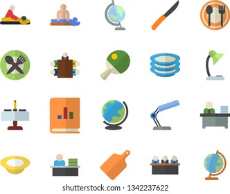 Color flat icon set knives flat vector, cutting board, table setting, plates, dish, book balance accounting, massage, reading lamp, office worker, meeting, globe, tennis, romantic dinner fector