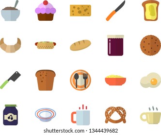 Color flat icon set knives flat vector, table setting, biscuit, bagel, croissant, cake, cheese, bread, hot dog, dish, porridge, tea, scrambled eggs, jam, sandwich, coffee