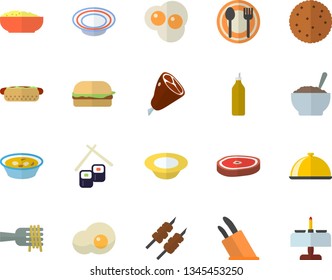 Color flat icon set knives flat vector, dish, table setting, biscuit, spaghetti on a fork, hamburger, hot dog, soup, porridge, ham, chop, shashlik, fish rolls, scrambled eggs, mustard