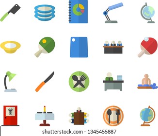 Color flat icon set knives flat vector, cutting board, table setting, plates, dish, book balance accounting, massage, reading lamp, office worker, meeting, globe, tennis, romantic dinner  