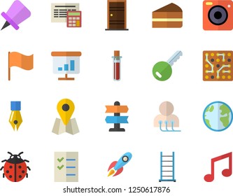 Color flat icon set ladder flat vector, Entrance door, calculator, piece of cake, ladybird, earth, location, rocket, flag, blood test, diagnostics, chart, ink pen, to do list, electronic circuit