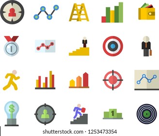 Color flat icon set ladder flat vector, target audience, chart, purse, idea, scatter, statistic, point diagram, businessman, career, medal, pedestal, achievement, run