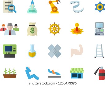 Color flat icon set ladder flat vector, seedlings, laser, robotics, cogwheel, team, wealth, medical analysis, patch, magnifier, gas burner, computer, centimeter, muscles, swing press, arrival, shop