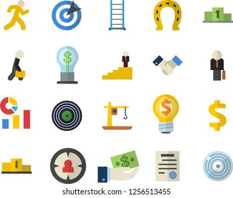 Color flat icon set ladder flat vector, horseshoe, crane, target audience, dollar, investments, idea, statistics, agreement, contract, businessman, career, pedestal, run
