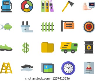 Color flat icon set ladder flat vector, fence, ax, induction cooker, fish, refueling, oil tanks, plug socket, signboard, dollar, clock, trucking, diagnostics, clircle diagram, computer file, folder