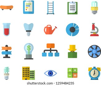 Color flat icon set ladder flat vector, energy saving lamp, skyscraper, watering can, ventilation, hierarchy, graphic report, idea, calculator, blood test, eye, implant, clipboard, clircle diagram