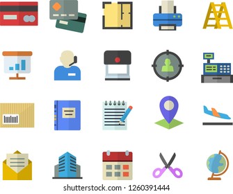 Color flat icon set ladder flat vector, house layout, scissors, location, target audience, credit card, barcode, cash machine, chart, office building, phone operator, printer, notepad, textbook
