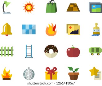 Color flat icon set ladder flat vector, tile, fence, flooring, fire, donut, tomato, home plant, paint brush, bonfire, bags, present, reading lamp, skateboard, sun fector, disco ball, bell, gallery