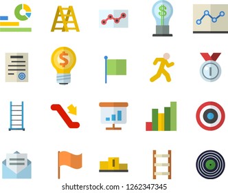 Color flat icon set ladder flat vector, chart, idea, statistics, flag, point diagram, contract, medal, pedestal, target, run, escalator fector, message