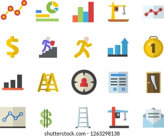 Color flat icon set ladder flat vector, Entrance door, crane, target audience, dollar, statistics, scatter chart, point diagram, contract, career, medal, achievement, run, message