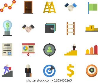 Color flat icon set ladder flat vector, Entrance door, target audience, dollar, purse, idea, scatter chart, flag, agreement, contract, businessman, career, pedestal, achievement