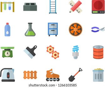 Color flat icon set ladder flat vector, measure, putty knife, brick, heating batteries, weighing machine, electric kettle, canned food, shovel, secateurs, ventilation, chemistry, archive, cogwheel