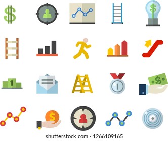 Color flat icon set ladder flat vector, target audience, dollar, investments, idea, scatter chart, point diagram, medal, pedestal, achievement, run, escalator fector, message