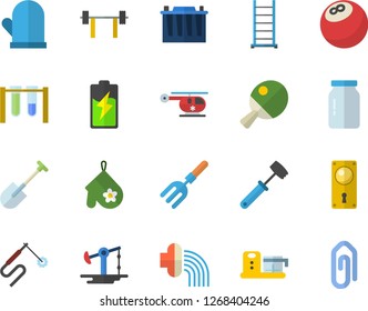 Color flat icon set ladder flat vector, door lock, potholder, meat hammer, food processor, glass jar, pitchfork, shovel, hose irrigation, battery, oil pumping, accumulator, welding, helicopter, clip