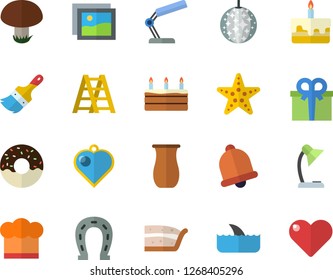 Color flat icon set ladder flat vector, paint brush, cook hat, jugful, piece of cake, donut, mushroom, horseshoe, present, reading lamp, disco ball fector, starfish, shark, heart pendant, bell