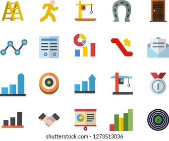 Color flat icon set ladder flat vector, Entrance door, horseshoe, crane, chart, statistics, scatter, agreement, contract, medal, achievement, target, run, escalator fector, message