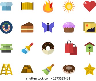Color flat icon set ladder flat vector, paint brush, fence, flooring, cook hat, fire, cupcake, piece of cake, donut, nesting box, butterflies, bench, bags, sun fector, hawaiian wreath, gallery