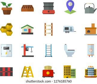 Color flat icon set ladder flat vector, toilet, skyscraper, tile, switch box, brick, boiler, teapot, toaster, double, honeycomb, home plant, house, fireplace, crane, location, trailer fector, hotel