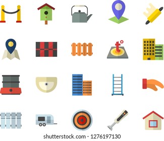 Color flat icon set ladder flat vector, sink, skyscraper, tile, warm floor, heating batteries, teapot, potholder, rolling pin, induction cooker, double boiler, blender, nesting box, location, house