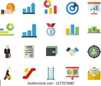 Color flat icon set ladder flat vector, target audience, chart, investments, purse, statistics, statistic, agreement, contract, businessman, medal, pedestal, achievement, escalator fector, message