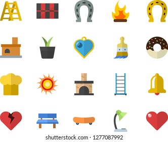 Color flat icon set ladder flat vector, tile, cook hat, donut, home plant, horseshoe, paint brush, bonfire, bench, fireplace, reading lamp, skateboard, sun fector, heart pendant, bell