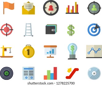 Color flat icon set ladder flat vector, crane, target audience, dollar, purse, idea, flag, chart, statistic, point diagram, contract, medal, escalator fector, message