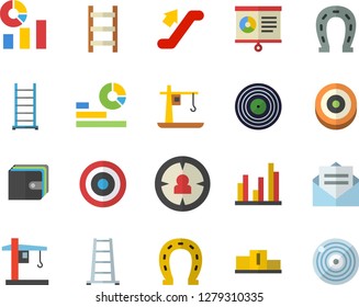 Color flat icon set ladder flat vector, horseshoe, crane, target audience, purse, statistics, chart, statistic, pedestal, escalator fector, message