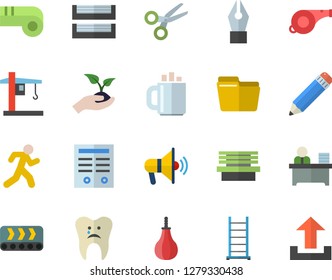 Color flat icon set ladder flat vector, seedlings, bench, conveyor, crane, caries, coffee, computer file, ink pen, office worker, paper tray, pencil, contract, whistle, sports pear, run, scissors