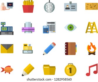 Color flat icon set ladder flat vector, calculator, fish, cheese, French fries, bonfire, cash machine, eye, diagnostics, computer file, printer, pencil, medal, disco ball fector, badge, envelope