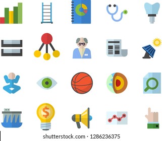 Color flat icon set ladder flat vector, solar battery, hydroelectric power station, hierarchy, chart, idea, book balance accounting, stethoscope, eye, implant, document, magnifier, point diagram