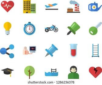 Color flat icon set ladder flat vector, skyscraper, tree, watering can, factory, lamp, molecules, blood test, diagnostics, drawing pin, bachelor cap, heartbeat, stopwatch, pool, motorcycle fector