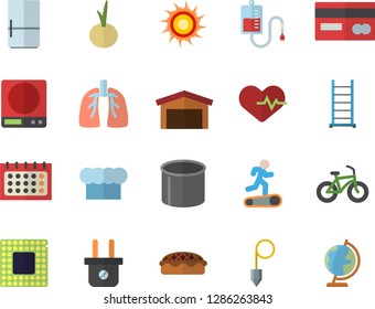 Color flat icon set ladder flat vector, construction plummet, weighing machine, cook hat, fridge, pie, onion, plug socket, pipe production, warehouse, credit card, calendar, blood transfusion, lungs
