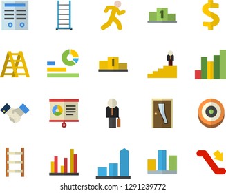 Color flat icon set ladder flat vector, Entrance door, chart, dollar, statistics, statistic, agreement, contract, businessman, career, pedestal, target, run, escalator fector