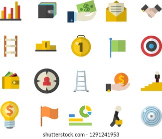 Color flat icon set ladder flat vector, target audience, investments, purse, idea, statistics, flag, statistic, agreement, businessman, career, medal, pedestal, message