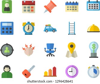 Color flat icon set ladder flat vector, dish, location, target audience, idea, calendar, clock, calculator, office chair, brainstorm, pushpin, achievement chart, car fector, pass, user, alarm, key