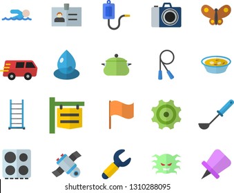 Color flat icon set ladder flat vector, saucepan, ladle, electric stove, soup, butterflies, cogwheel, drop, wrench, signboard, flag, trucking, medical warmer, virus, satellit, skipping rope, badge