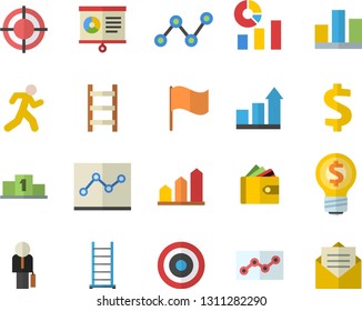 Color flat icon set ladder flat vector, dollar, purse, idea, statistics, scatter chart, flag, statistic, point diagram, target, businessman, pedestal, achievement, run, message