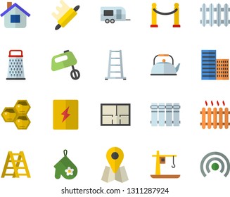 Color flat icon set ladder flat vector, house layout, skyscraper, switch box, heating batteries, teapot, potholder, rolling pin, mixer, grater, honeycomb, crane, radiator, location, trailer fector