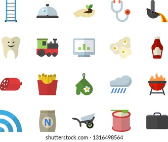 Color flat icon set ladder flat vector, potholder, barbecue, ketchup, sausage, French fries, popcorn, fertilizer vectory, seedlings, garden wheelbarrow, rain, metallurgy, stethoscope, tooth, jingle
