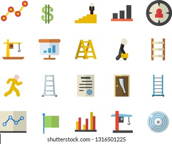 Color flat icon set ladder flat vector, Entrance door, crane, target audience, dollar, scatter chart, flag, statistic, point diagram, contract, businessman, career, run