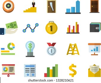 Color flat icon set ladder flat vector, Entrance door, chart, dollar, investments, purse, idea, statistics, scatter, statistic, contract, career, medal, target, message